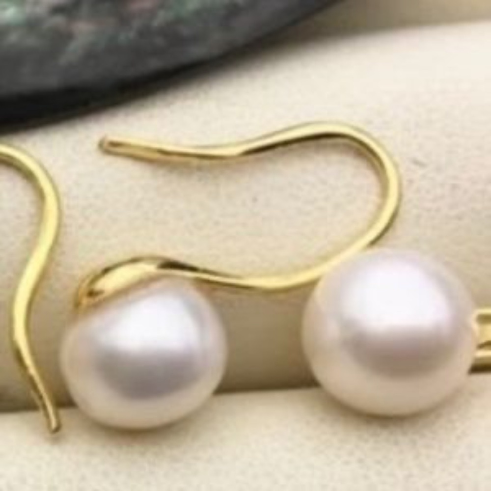 14K Gold Plated 7.5mm AAA Button Round Pearl High Heeled Dangle Earrings - Picture 4 of 7